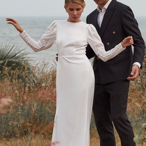 SIGNE Simple Wedding Dress | White Satin Wedding Dress | Long Sleeve Dress Formal | Bridesmaid Dress With Sleeves | Casual Wedding Dress