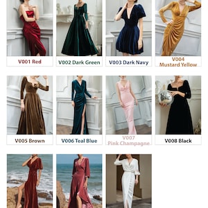 以下が含まれることがあります： 赤、濃い緑、濃いネイビー、マスタードイエロー、ブラウン、ティールブルー、ピンクシャンパン、ブラック、ラスト、シナモンローズ、オフホワイトなど、さまざまな色のベルベット生地の見本。テキスト「VELVET FABRIC SWATCHES（V）」が上部に表示されています。