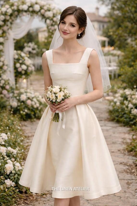 square neck ivory dress Taffeta Wedding A Line Bridal Midi Gown princess Dress
