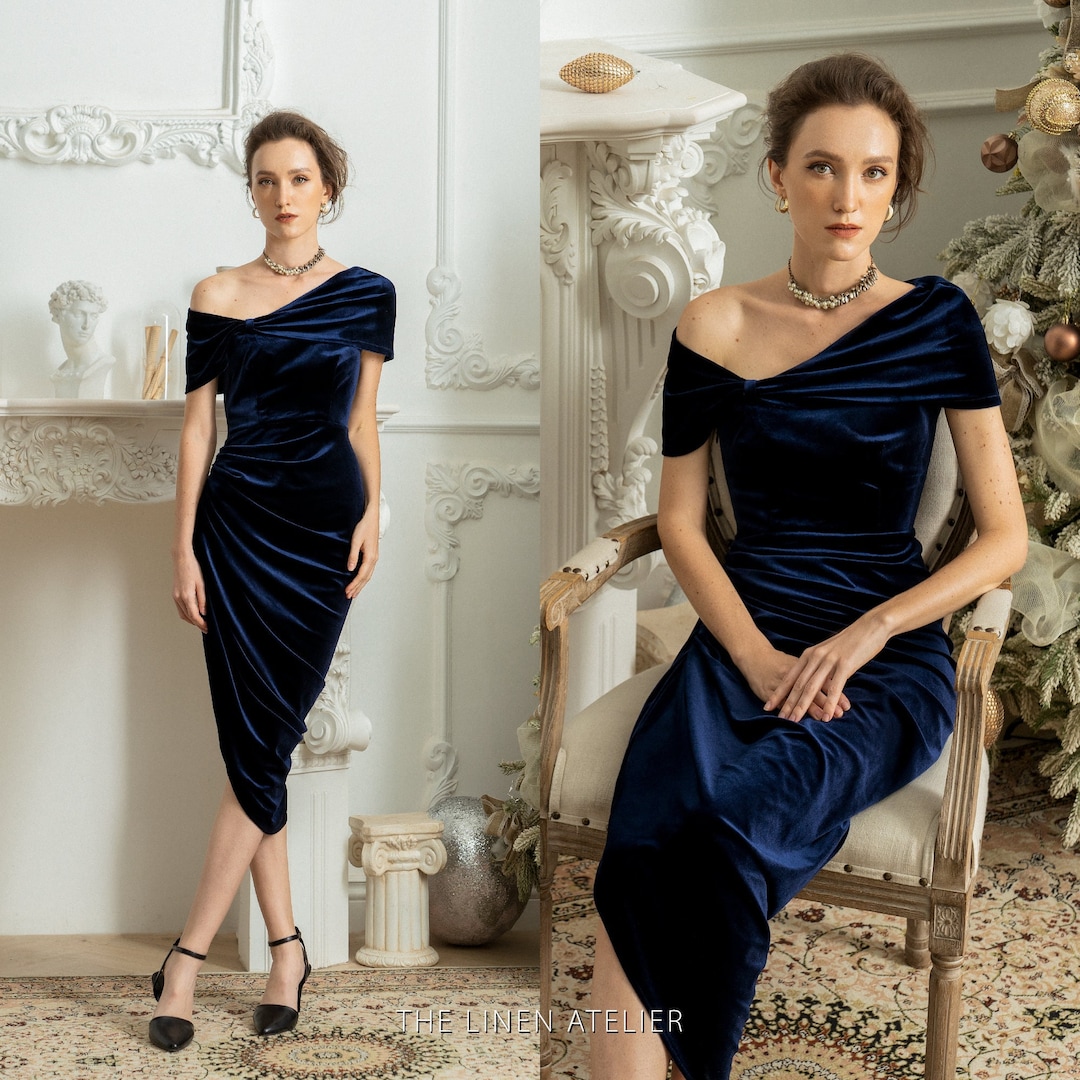 Law of Attraction Navy Blue One-Shoulder Asymmetrical Midi Dress