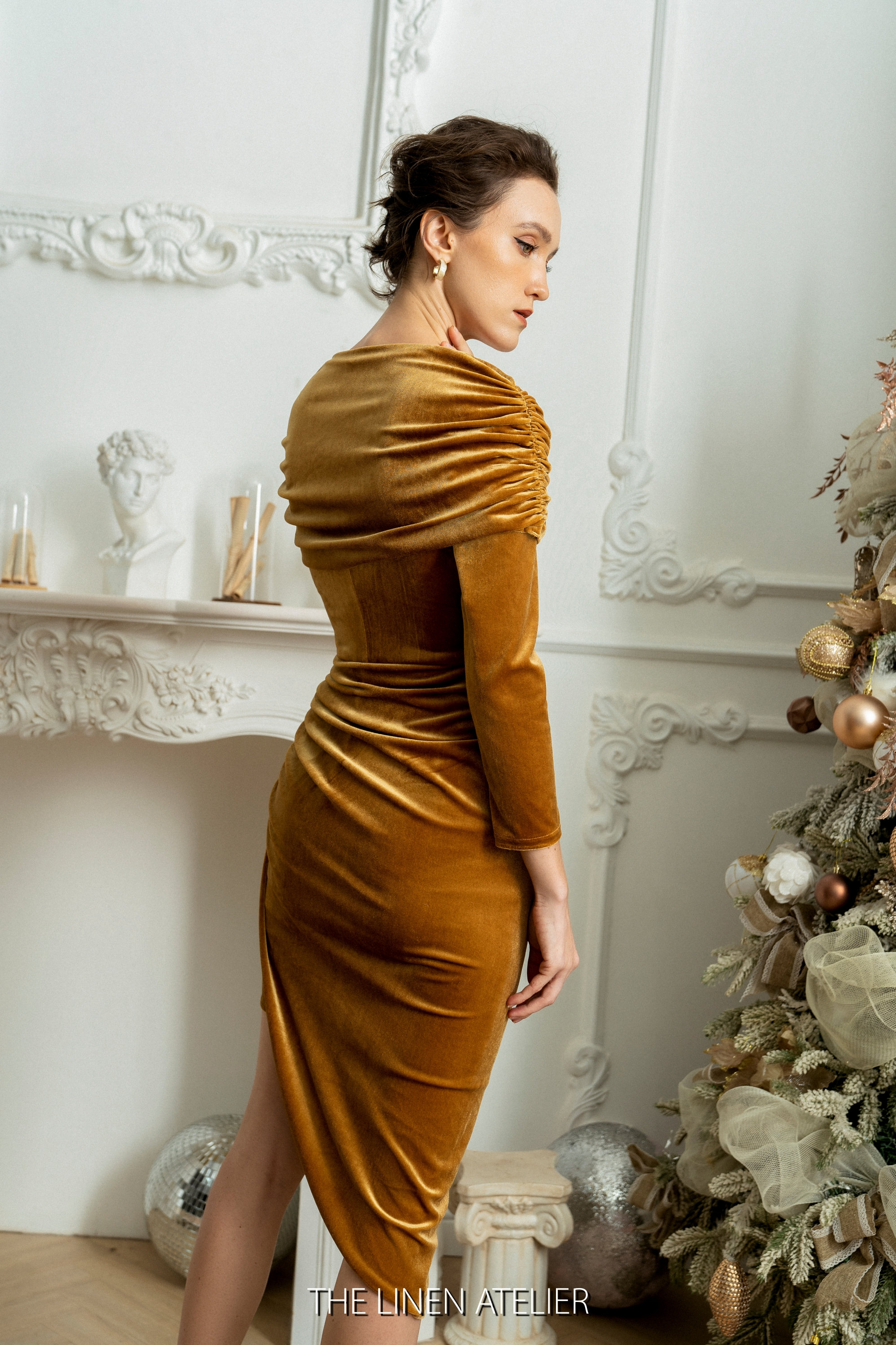 Gold Velvet Midi Dress | Cape Shoulder, Asymmetrical Hem