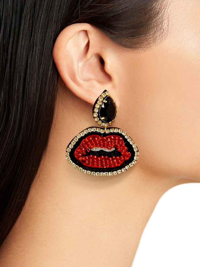 Red Lip Beads Stud Earrings Rhinestone Big Stud Earring Women Etsy