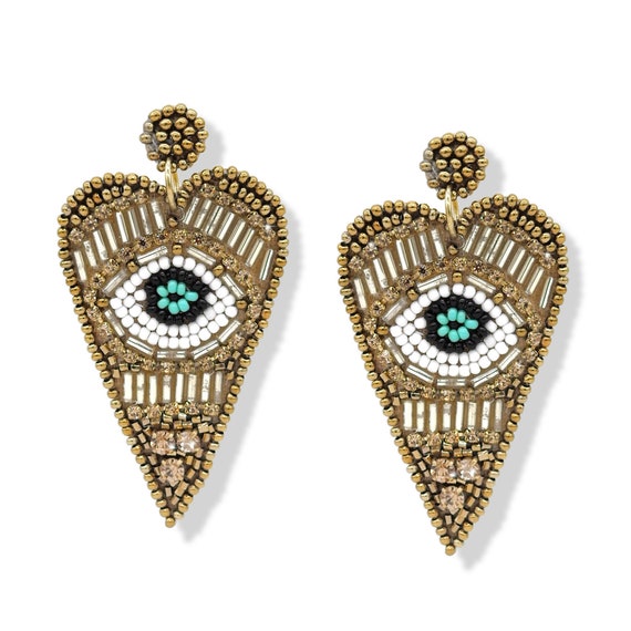Heart Shape Beaded Evil Eyes Drop Earrings Unique Statement Etsy