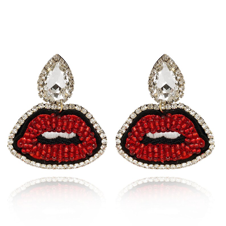 Red Lip Beads Stud Earrings Rhinestone Big Stud Earring Women Etsy