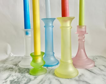 Curated "Sherbet Candy" Collection of Candle HoldersVintage Coloured Glass Candlestick Set
