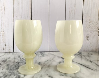Pair of Vintage Onyx Wine Goblets, Creamy White Coloured Chalice