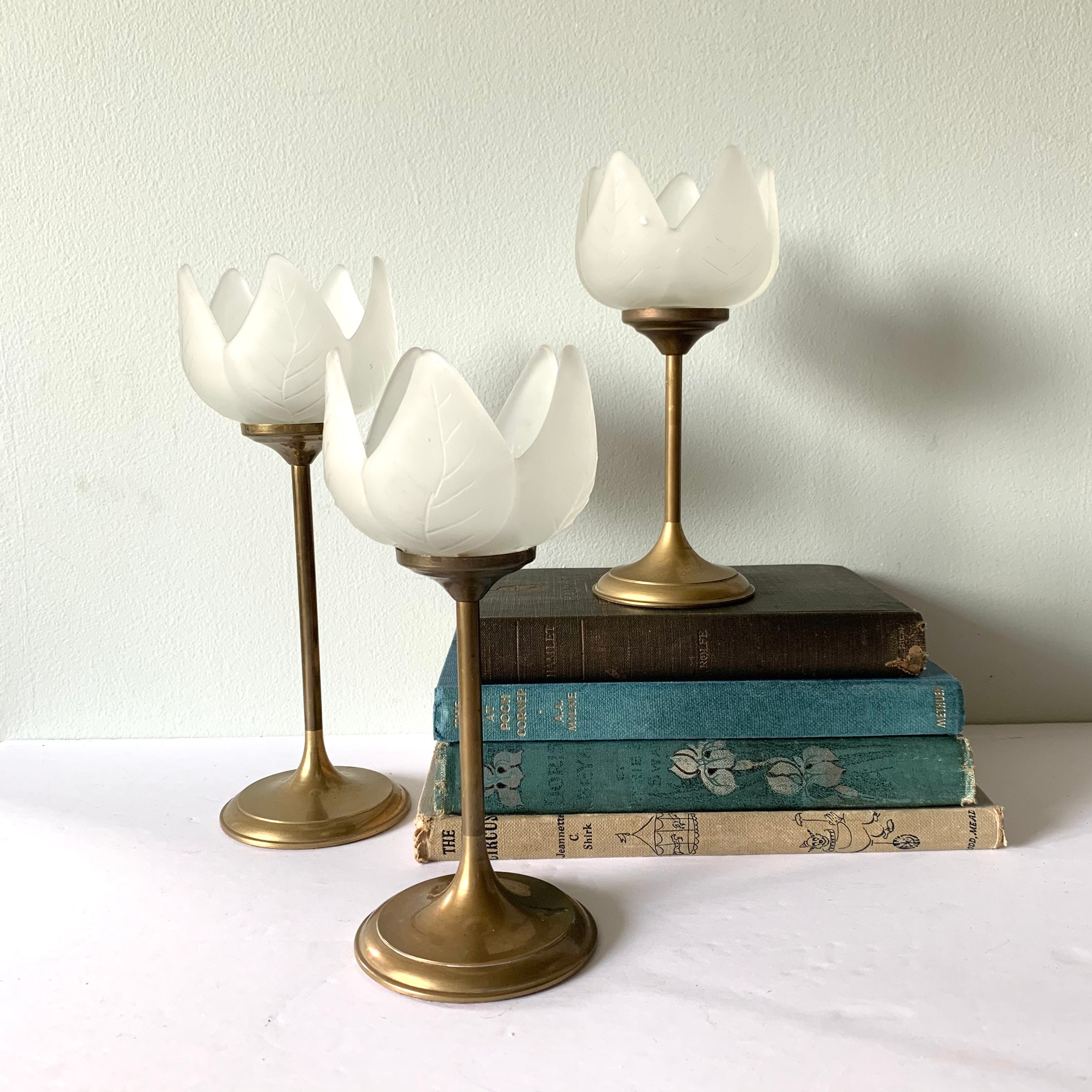 VIntage Glass and Brass Tulip Candle Holders / Tealight Etsy