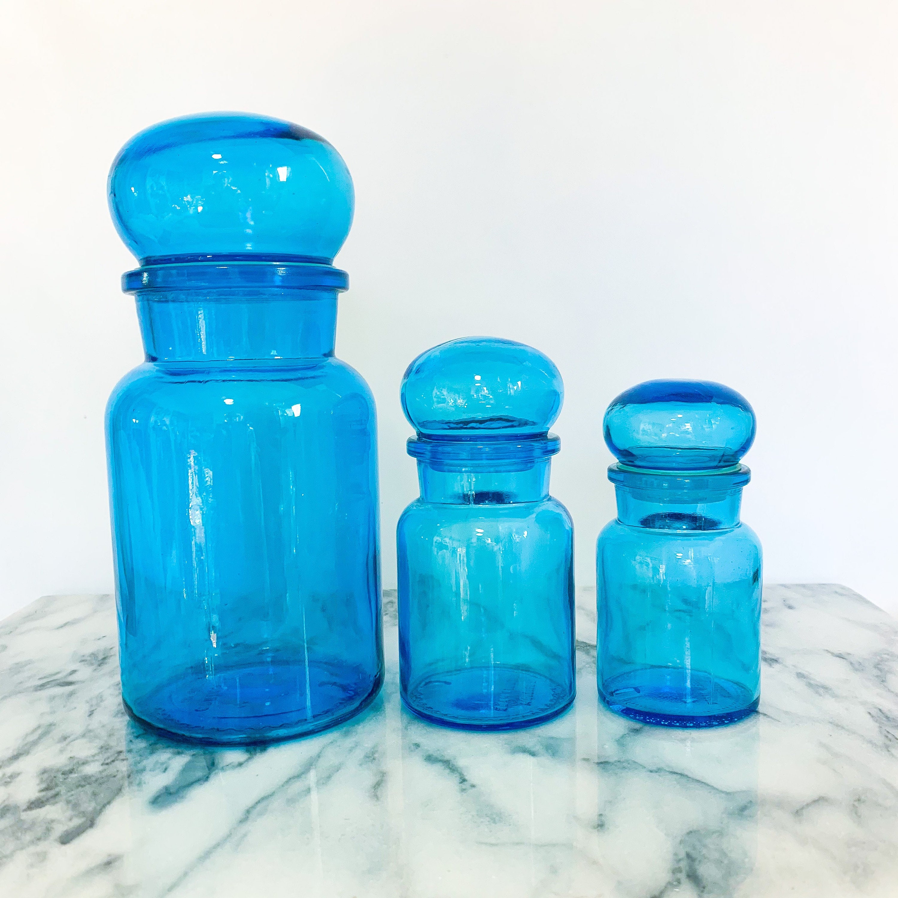 Large Vintage Ice Blue Large Glass SPICE JARS X 2 From Belgium