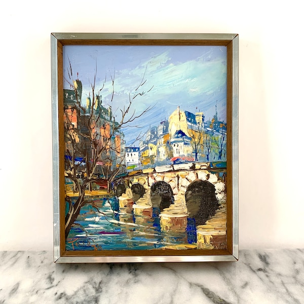 Vintage European Bridge Cityscape, Signed Oil Painting