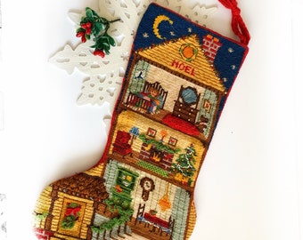 Vintage Sunset Needlepoint Christmas Stocking, Completed - Christmas Dollhouse