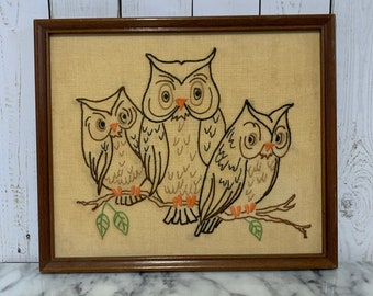 Vintage Framed Owl Family Needlework,