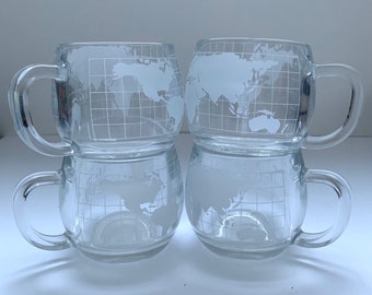 Vintage Nestle Glass Mugs /Etched World Globe Mugs