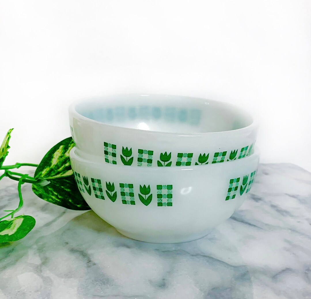 Two Vintage Termicrisa Milk Glass Cereal Bowls Green Gingham Etsy