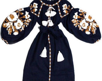 Ukrainian embroidered boho dress Vyshyvanka Ukraine bohemian dresses Linen kaftan embroidered clothing