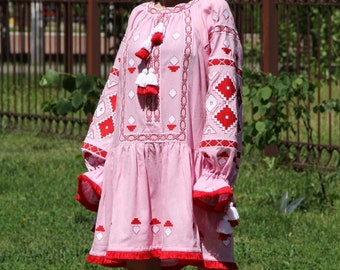 Ukrainian embroidered tunic mini dress pink linen vyshyvanka boho dresses bohemian clothing ethnic mexican embroidery modern vishivanka