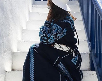 Navy blue boho dress with ethnic Ukrainian embrodiery Vyshyvanka Bohemian embroidered dresses Plus size kaftan linen robe Summer beach gown