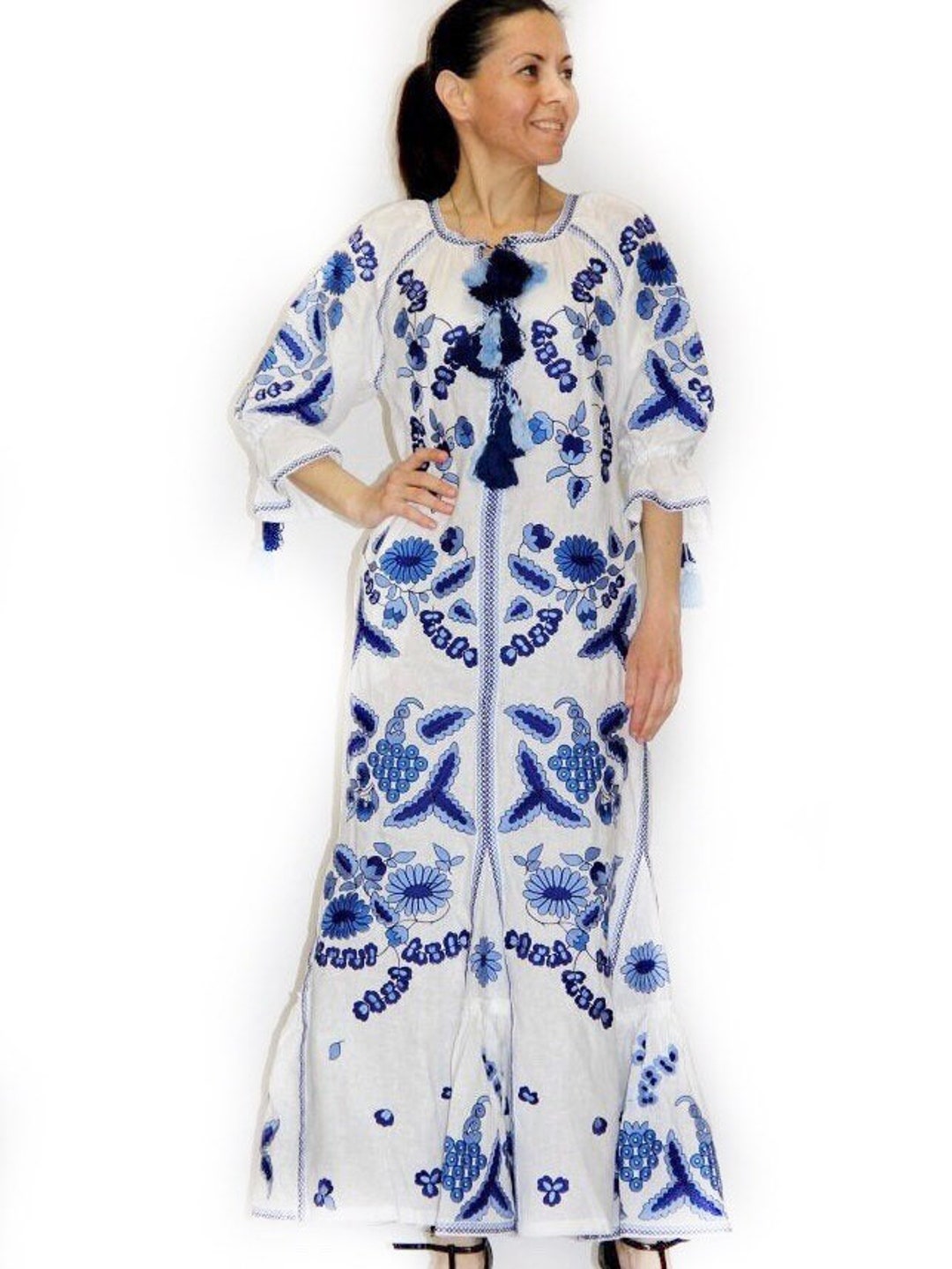 White Boho Dress Maxi Embroidered Linen Kaftan Vyshyvanka With Custom ...