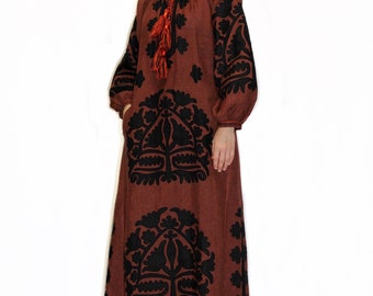 Brown linen embroidered dress boho Applique embroidery gown plus size Bohemian wedding dress for guests