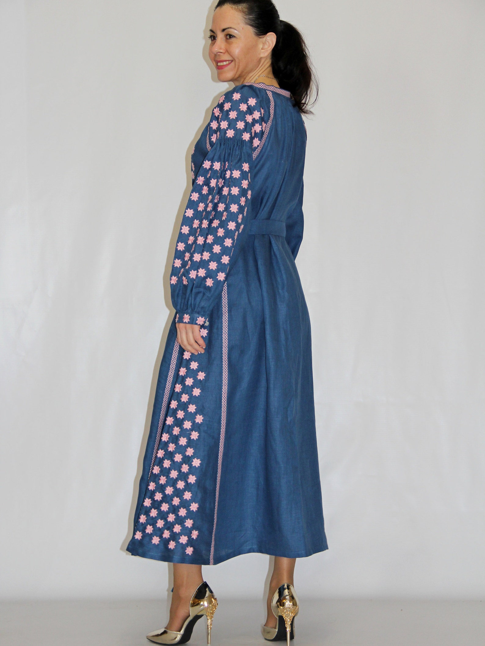 Prussian blue linen embroidered dress boho Stars ukrainian Etsy