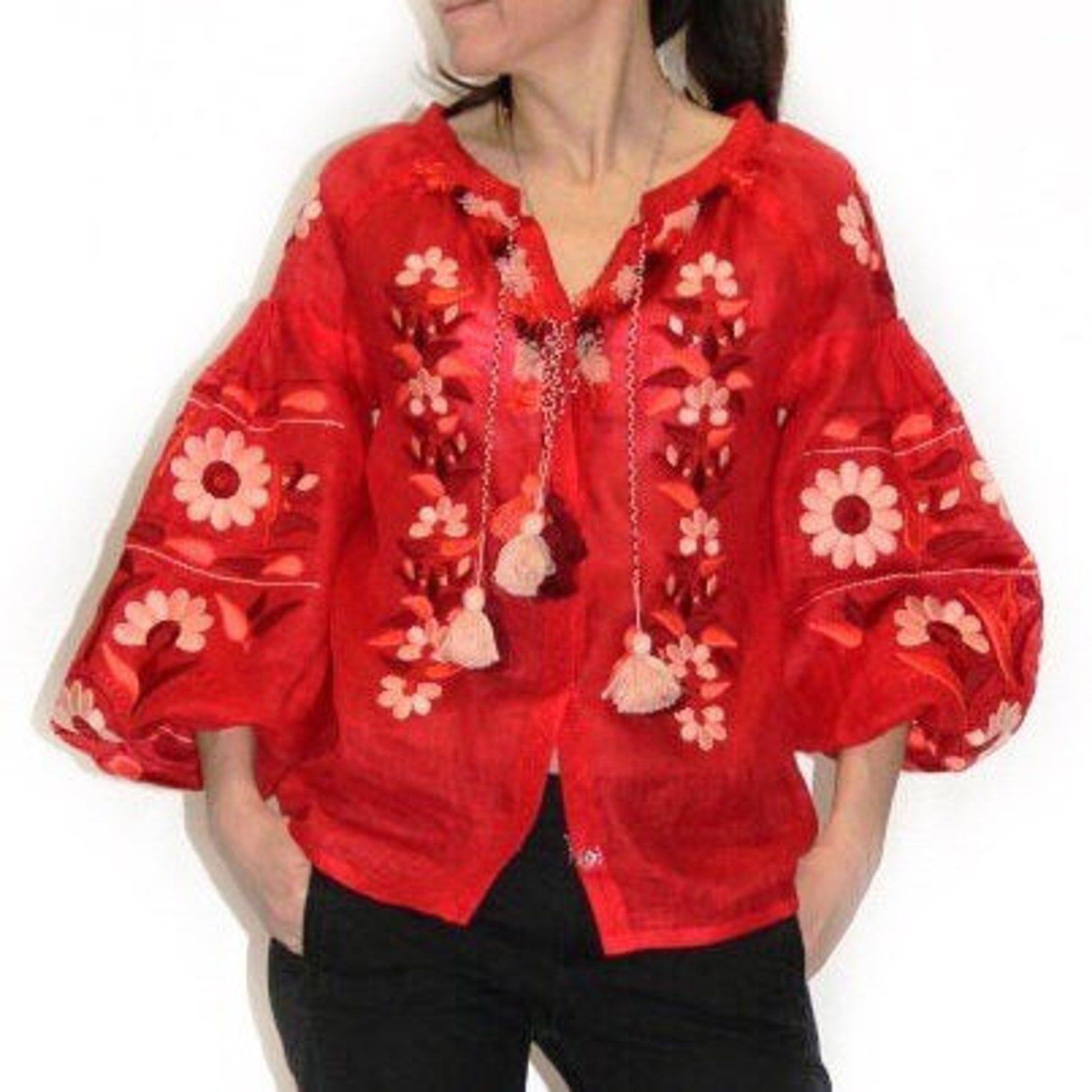 Red Boho Blouse Top Gauze Embroidered Linen Blouse With Custom Etsy