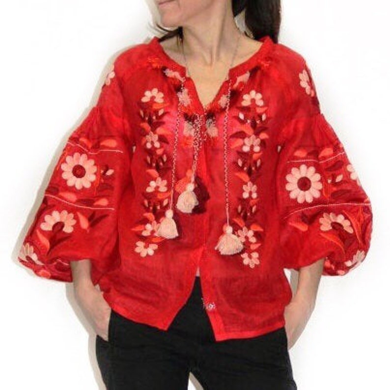 Red Boho Blouse Top Gauze Embroidered Linen Blouse With Custom Etsy