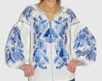 Grapes embroidered ukrainian blouse Bohemian linen vyshyvanka top