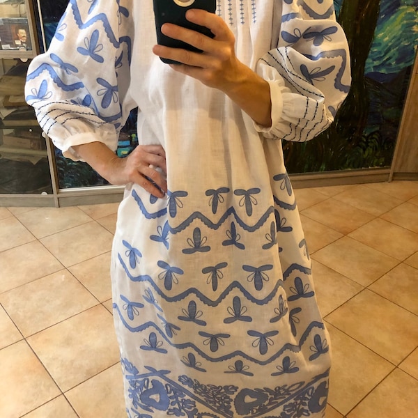 Rushka embroidered linen midi dress Ethnic ukrainian fashion robe