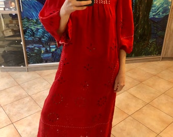 Eyelet red embroidered dress Ukrainian linen vyshyvanka in S-M size