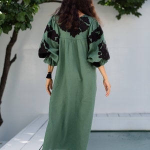 Green embroidered linen dress Garden roses floral boho gown with balloone sleeves Tassels bohemian clothing image 4