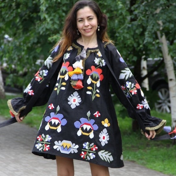 Floral Black Embroidered Tunic Linen Boho Dress Plus Size - Etsy