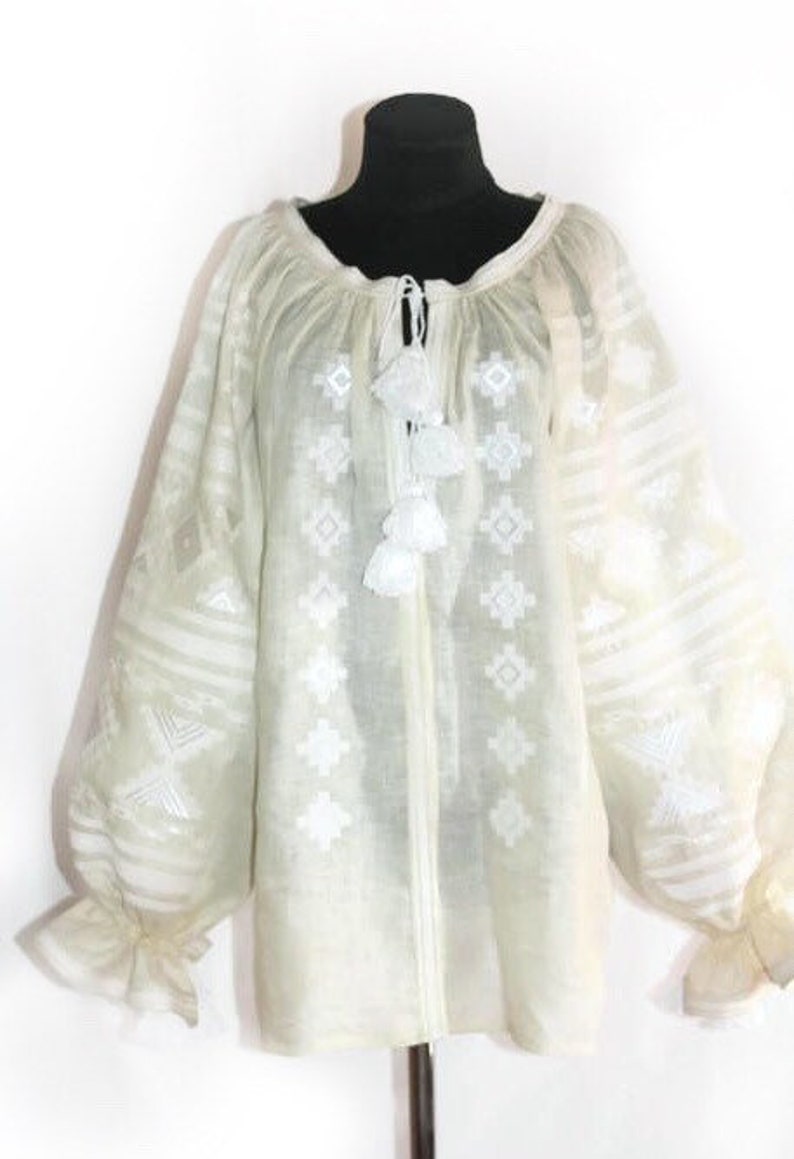 Gauze white off blouse with Ukrainian embroidery Vyshyvanka Plus size linen embroidered shirt Beach cover up Peasant bohemian clothing afbeelding 1