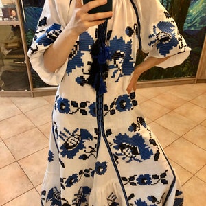 Poppies dress with floral Ukrainian embroidery Vyshyvanka Plus size linen maxi gown Custom bohemian ukrainian dress