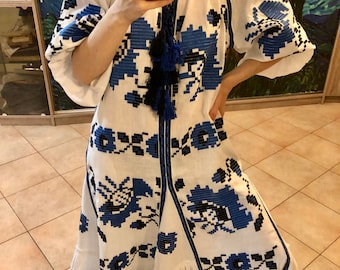 Poppies dress with floral Ukrainian embroidery Vyshyvanka Plus size linen maxi gown Custom bohemian ukrainian dress