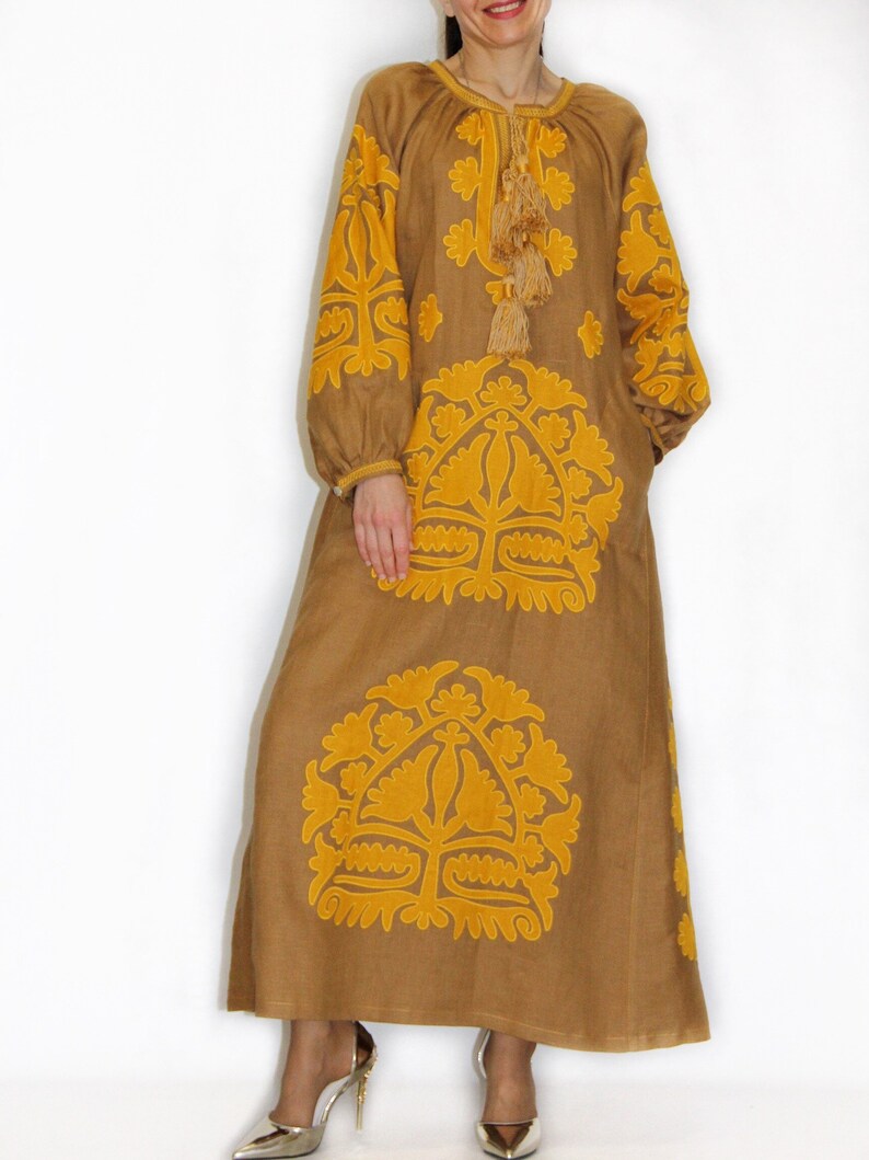 Embroidered Linen Dress Kaftan Maxi Applique Embroidery Etsy