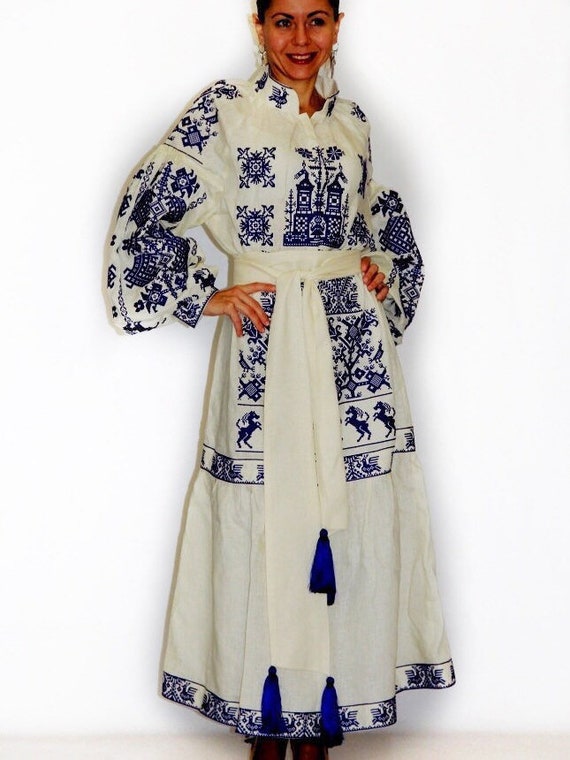 Off White Boho Kaftan Maxi Dress Vyshyvanka With Ethnic Custom Etsy