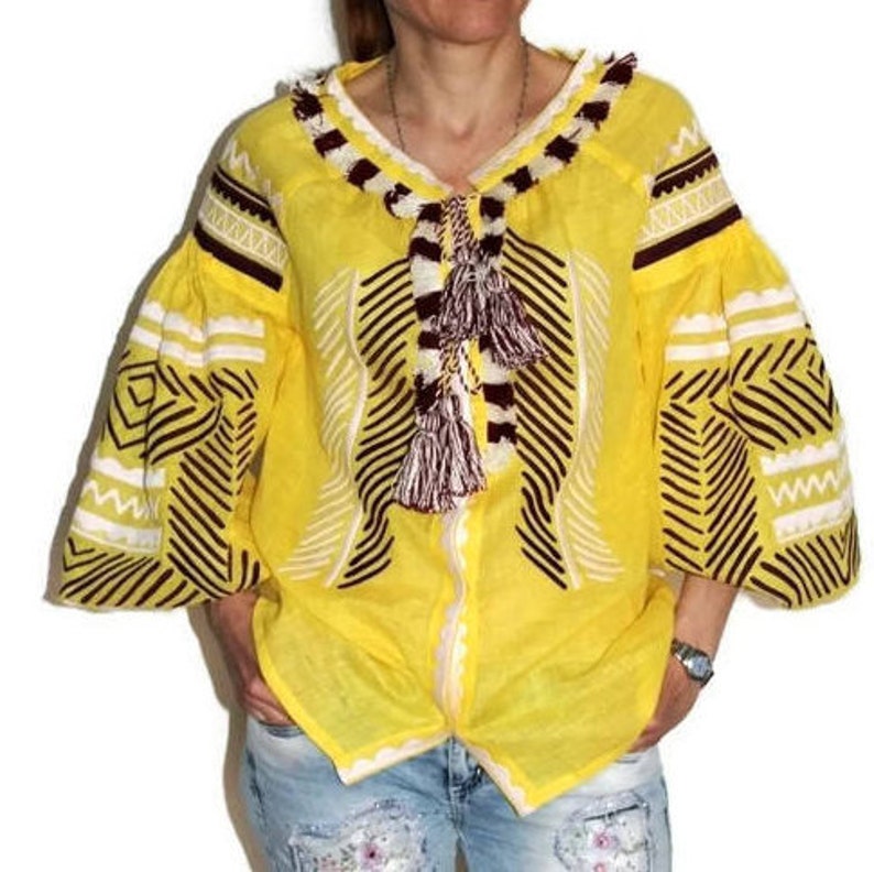 Sheer yellow boho blouse top Vyshyvanka with Ukrainian embroidery Peasant linen top Custom embroidered shirt Bohemian christmas vocation