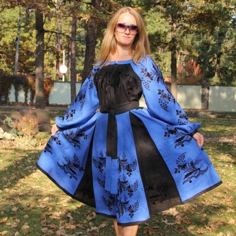 Blue Boho Wedding Dress With Floral Ukrainian Embroidery Etsy