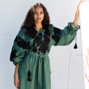 Green embroidered linen dress Garden roses floral boho gown with balloone sleeves Tassels bohemian clothing image 2