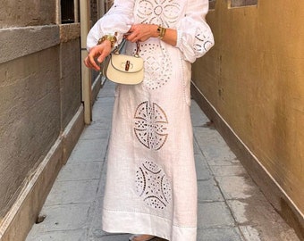Resort embroidered linen dress Richelieu Ukrainian dresses