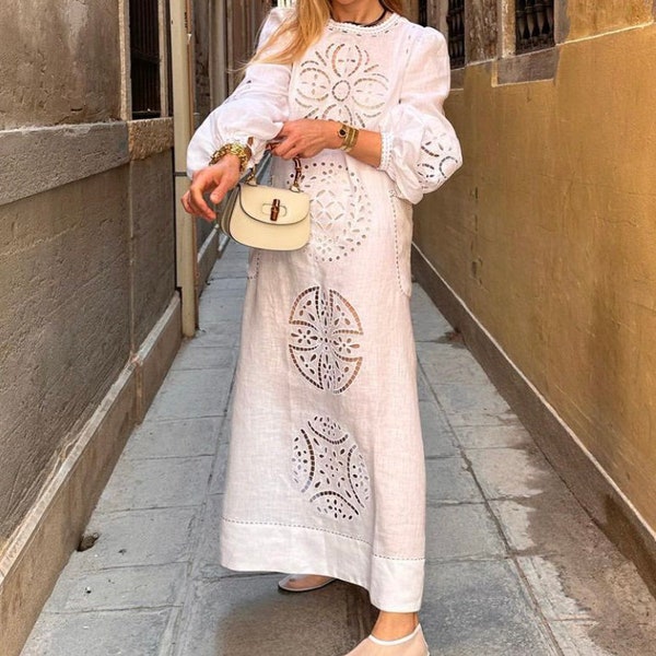 Resort embroidered linen dress Richelieu Ukrainian dresses