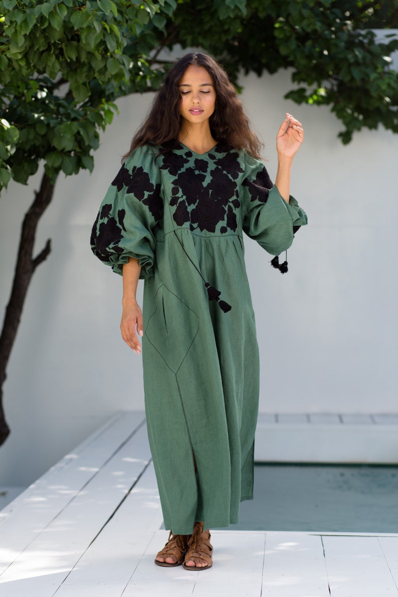 Green embroidered linen dress Garden roses floral boho gown with balloone sleeves Tassels bohemian clothing image 3