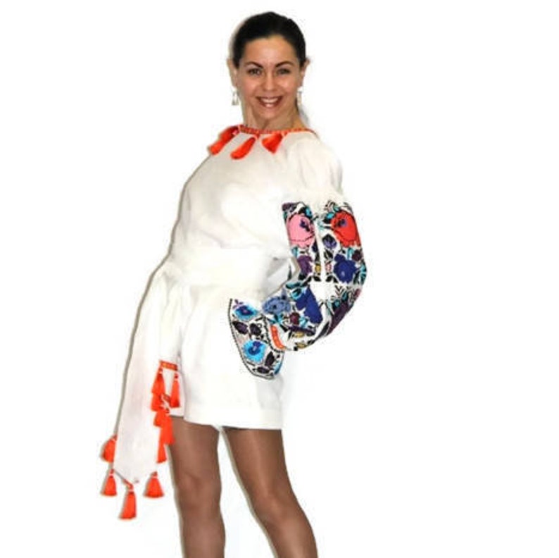 Tassel Backless White Linen Jumpsuit With Ukrainian Embroidery Etsy