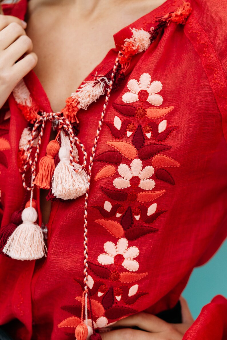 Red Boho Blouse Top Gauze Embroidered Linen Blouse With Custom Etsy