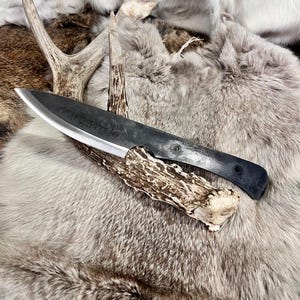 May include: A handmade knife with a black blade and a brown antler handle. The knife is resting on a white and brown fur.