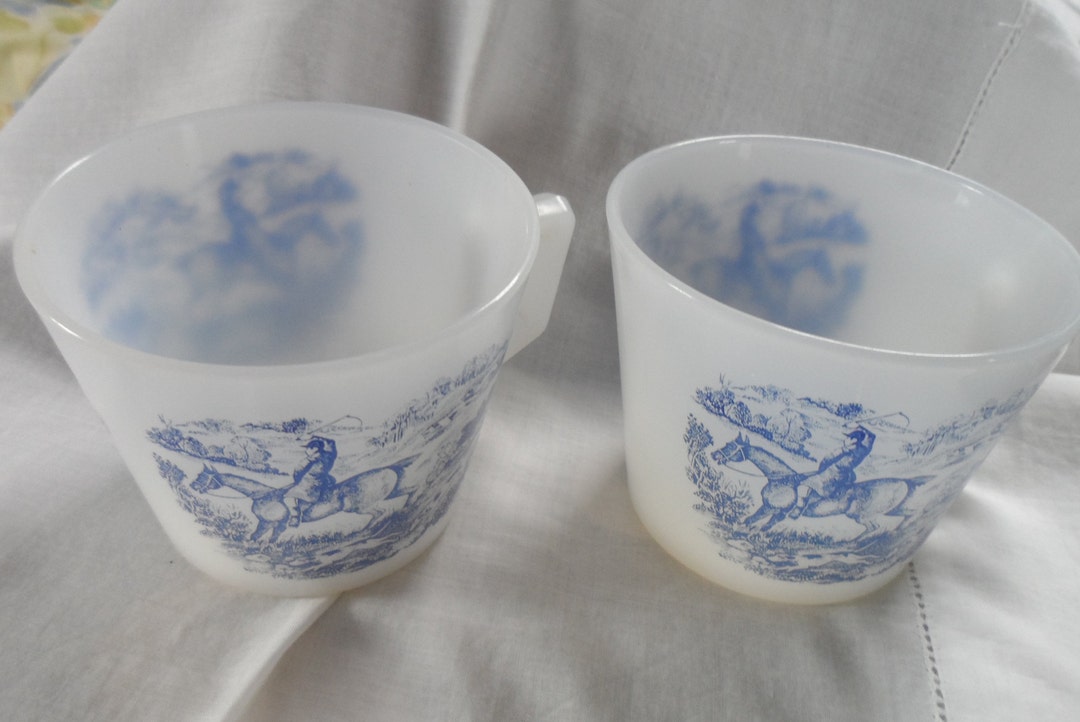 Toile De Jouy Decoration. Milk Glass Cups, Saucers. Hunting Scene