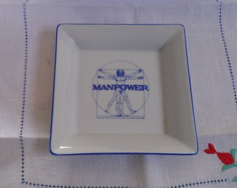 Vintage, Vitruvian Man. Porcelain change dish. Philippe Deshoulieres Manpower Advert. Leonardo da Vinci. Ring dish. Ashtray