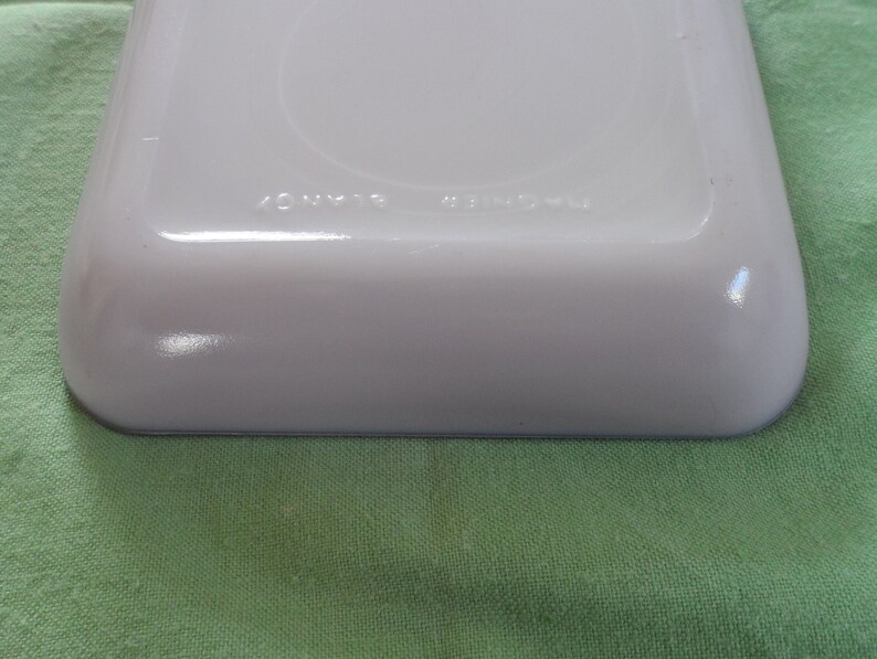 May include: White rectangular baking dish with a blue rim. The bottom of the dish has the words "ONYX" and "MADE IN USA" printed on it.