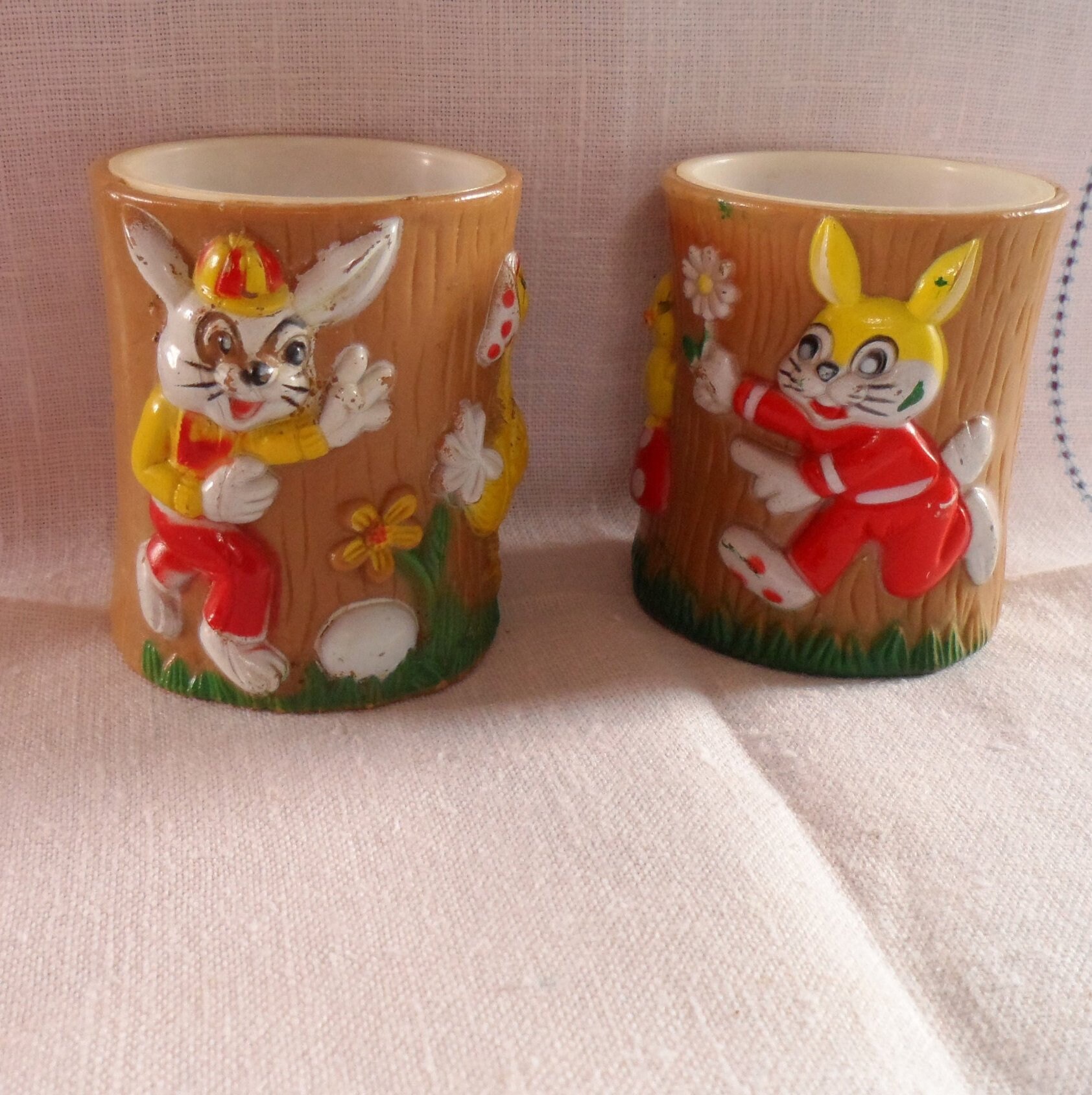 Easter Bunnies. Vintage Plastic Egg Cups. Children's. 1950s. Kitsch