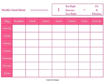 weekly food menu planner water exercise planner template printable pdf
