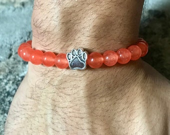 Pet Memorial Armband, Paw Print, Oranje Glazen Kraal Stretch Armband, Pet Lover's Armbanden, Keuze van maat, Hond Armbanden, Pet Armband